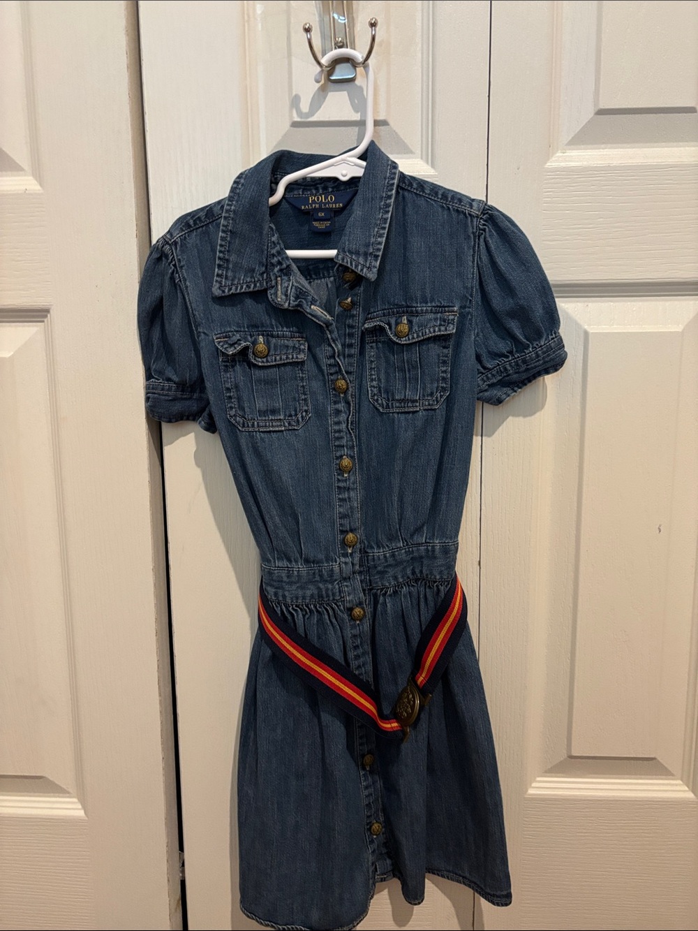 Polo by Ralph Lauren Denim Blue Button-Front Girls Dress with Striped Belt